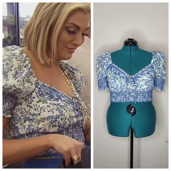 NWT XL Alice Olivia Blue Crawford Lace Up Smocked Ditsy Floral Milkmaid Crop Top - Picture 1 of 9